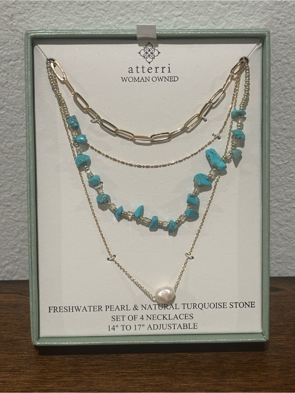 Atterri Gold Tone Layered Necklace Set with Turquoise and Freshwater Pearl - Picture 2 of 4